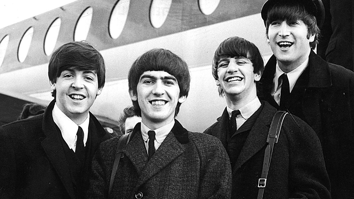6th February 1964: The Beatles arriving at London Airport after a trip to Paris. From left to right - Paul McCartney, George Harrison (1943 - 2001), Ringo Starr and John Lennon. 