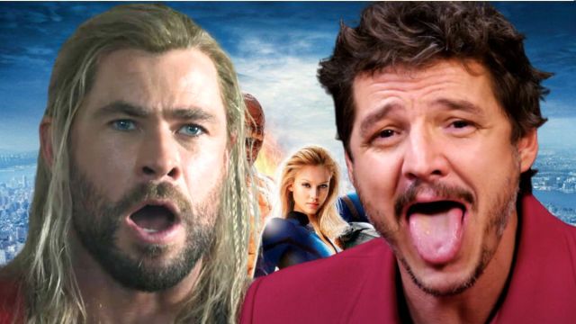 Thor looks shocked and Pedro Pascal exposes his tongue superimposed over the cast of 2005's Fantastic Four