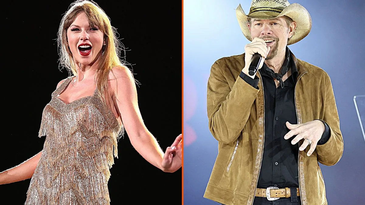 Photo montage of Taylor Swift during a Eras Tour concert and Toby Keith performing at the 2022 BMI Country Awards.