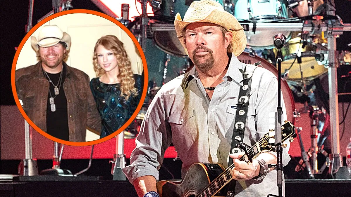 Photo montage of Taylor Swift and Toby Keith in the mid 2000s and Toby Keith performing in 2021.