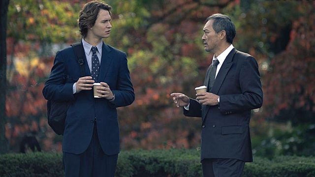 Ansel Elgort as Jake Adelstein and Ken Watanabe as Hiroto Katagiri in season 2 of 'Tokyo Vice'.