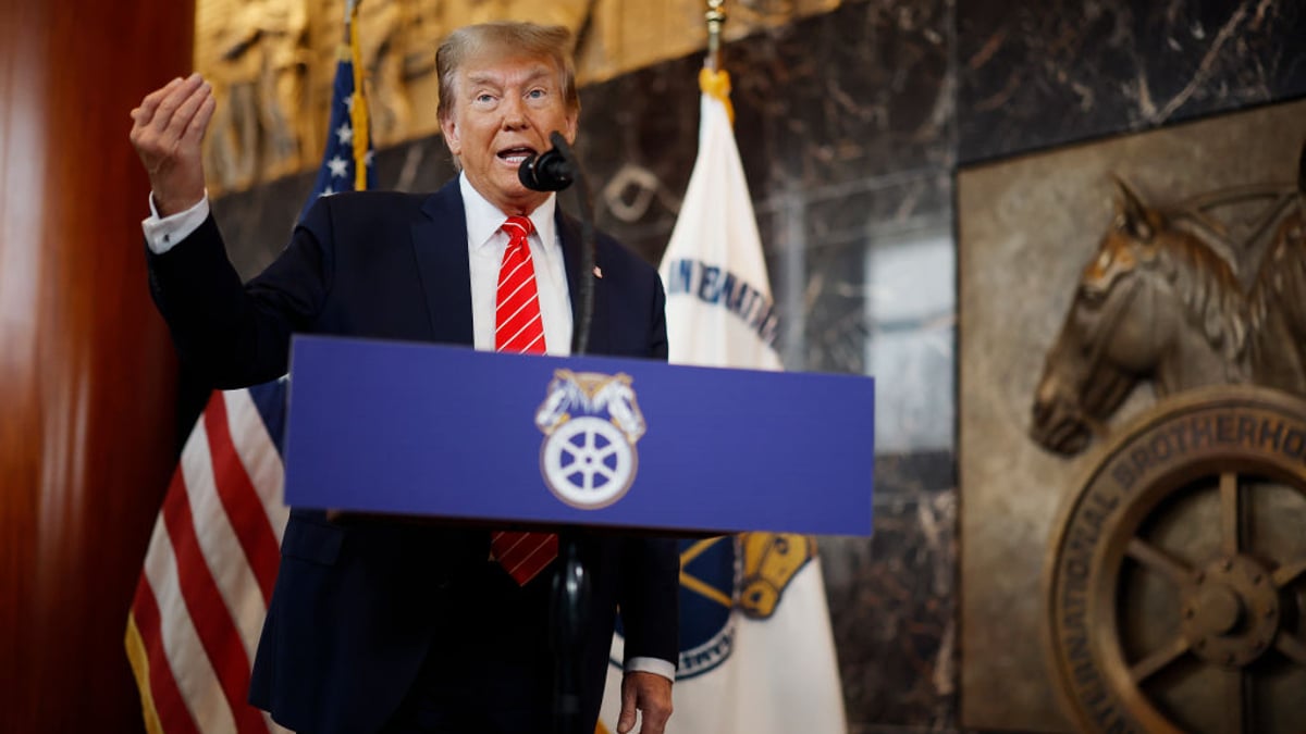 Republican presidential candidate and former U.S. President Donald Trump talks to reporters at the International Brotherhood of Teamsters headquarters on January 31, 2024 in Washington, DC. Trump met with leaders and members of the organized labor group while looking for union support after the United Auto Workers endorsed President Joe Biden's re-election campaign one week ago.