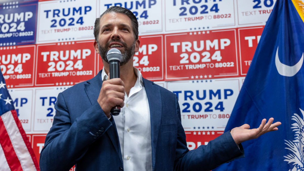 Donald Trump Jr. speaks to supporters at a rally for his father, Republican Presidential candidate, former U.S. President Donald Trump on February 23, 2024 in Charleston, South Carolina. South Carolina holds its Republican primary on February 24.