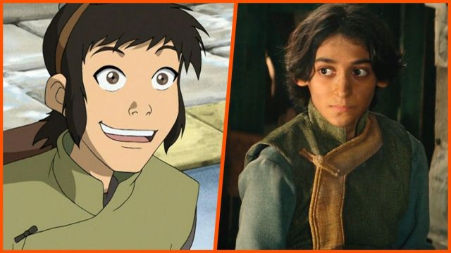 Side-by-side images of Teo in the 'Avatar: The Last Airbender' cartoon and Teo (Lucian-River Chauhan) in Netflix's live-action remake.