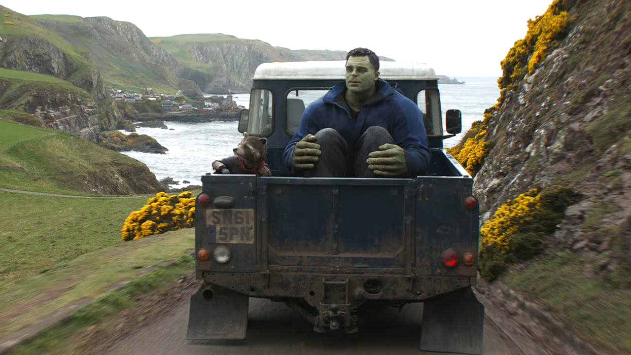 Rocket and Smart Hulk ride on the back of a truck on their way to New Asgard in Avengers: Endgame