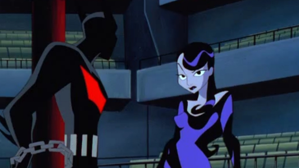 Inque converses with a tied-up Terry McGinnis in Batman Beyond