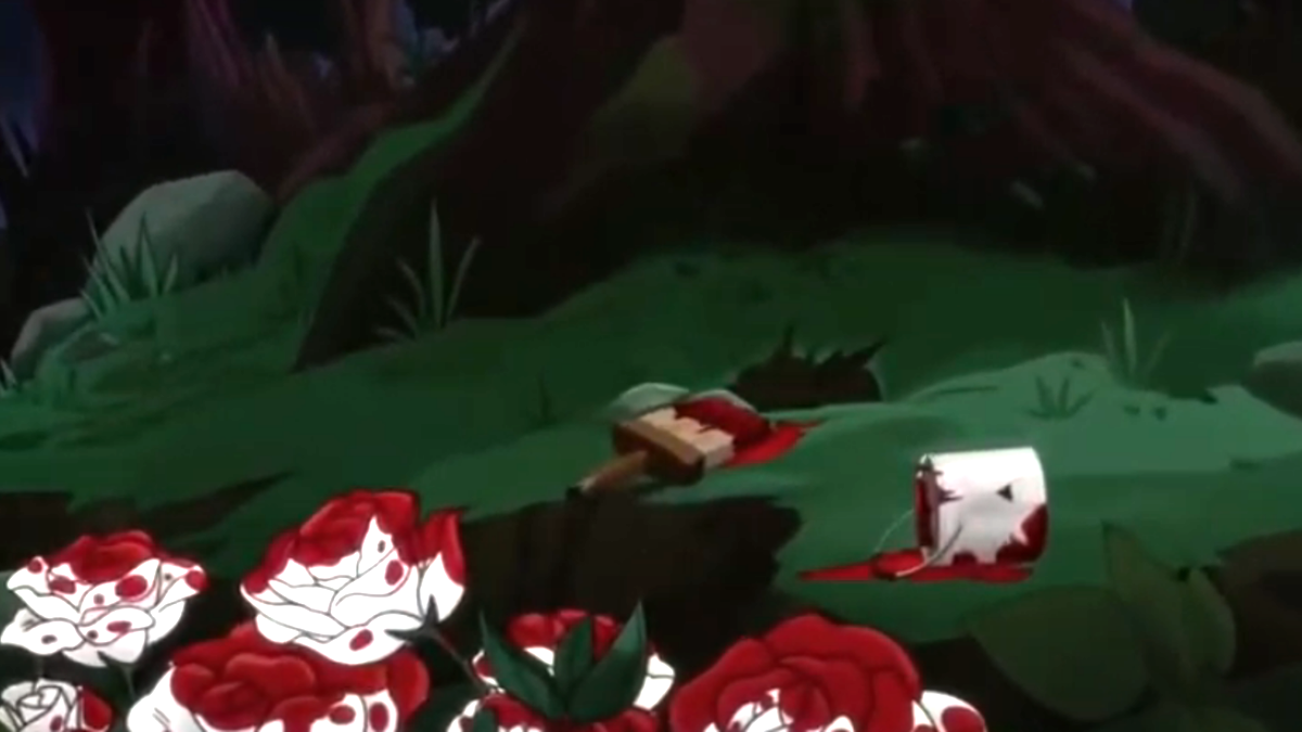 The final shot of Descendants; The Royal Wedding depicting some white flowers painted red 