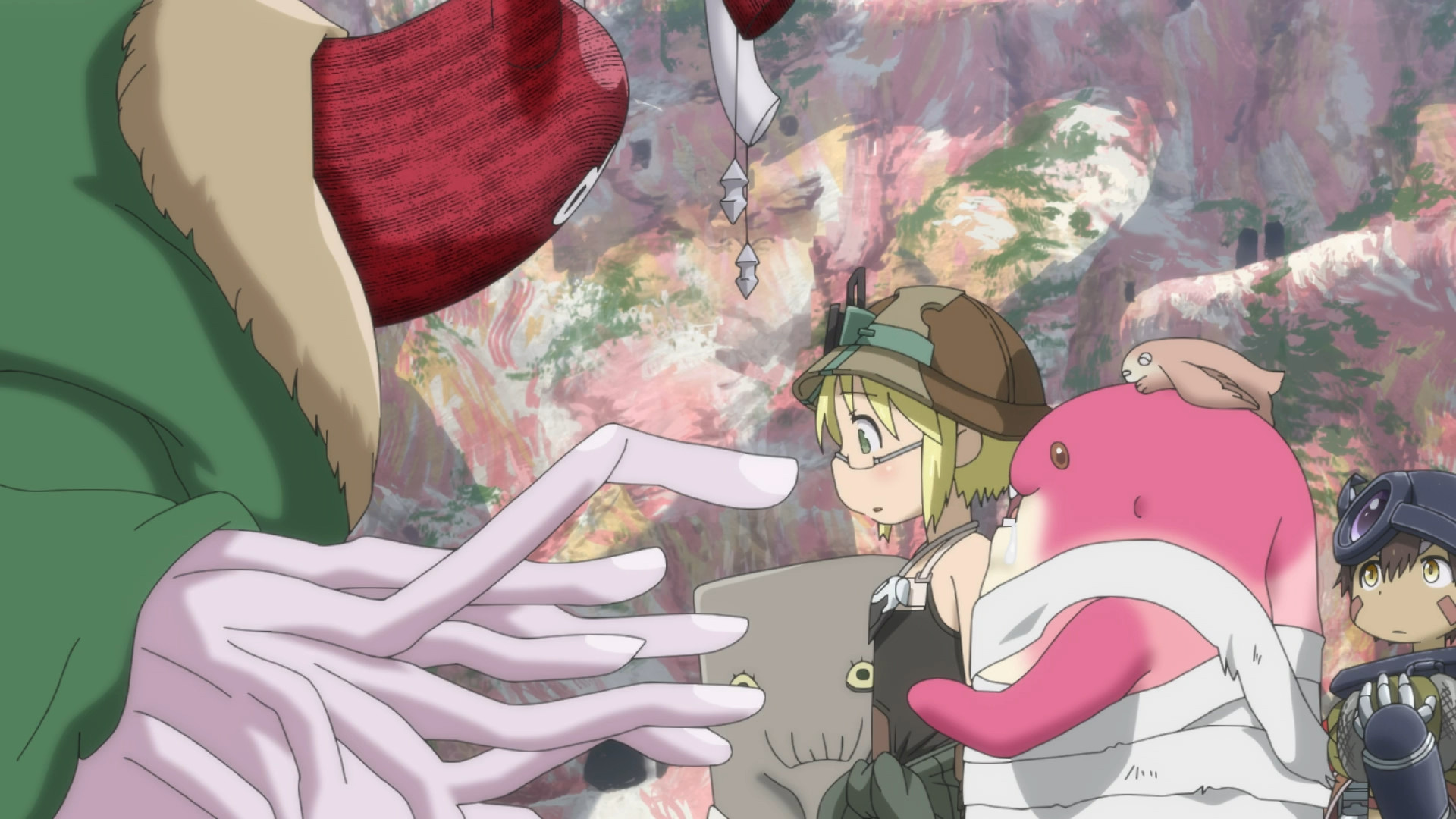 A character is looking at a red creature in Made in Abyss. 