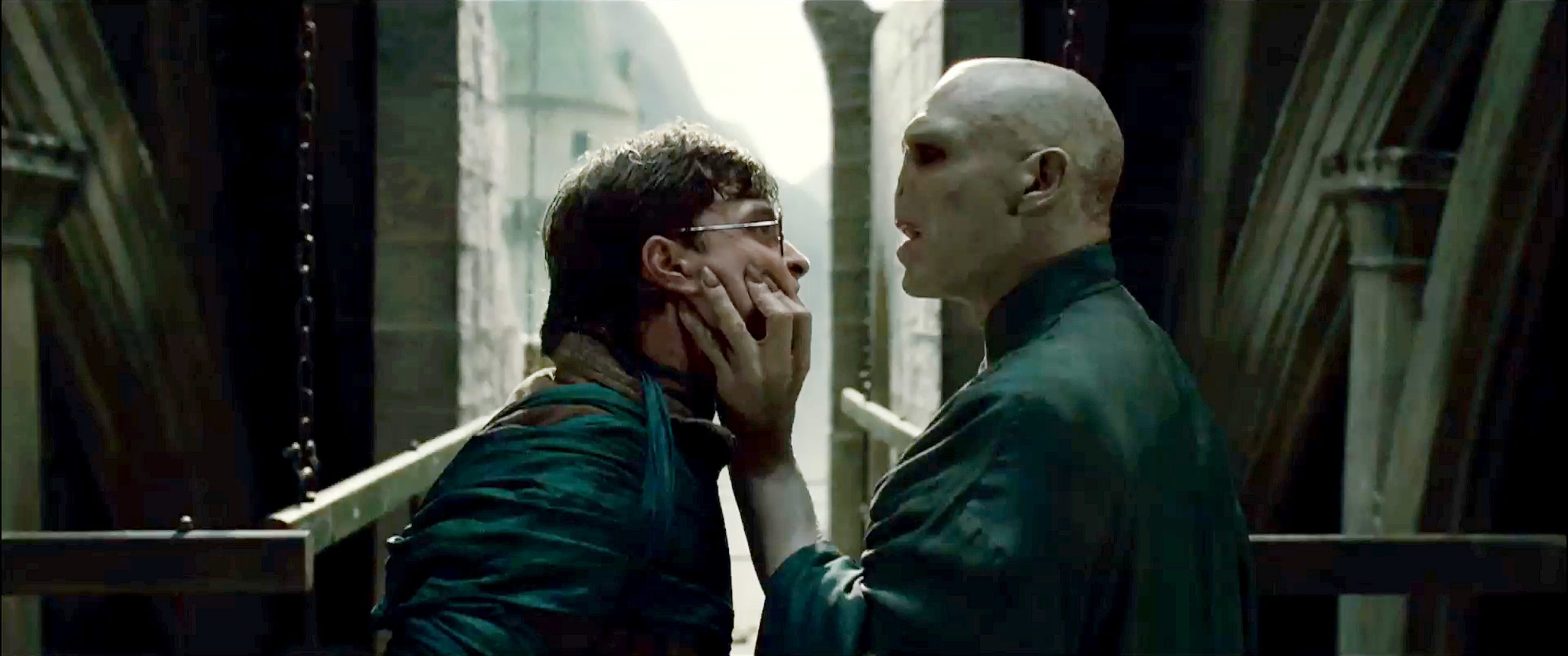 Voldemort is holding Harry Potter's face in Deathly Hallows.