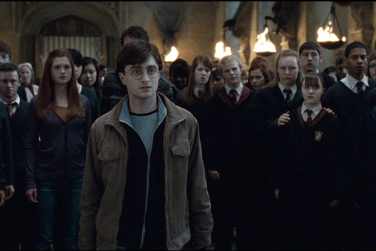 Harry Potter is staring ahead in Deathly Hallows.