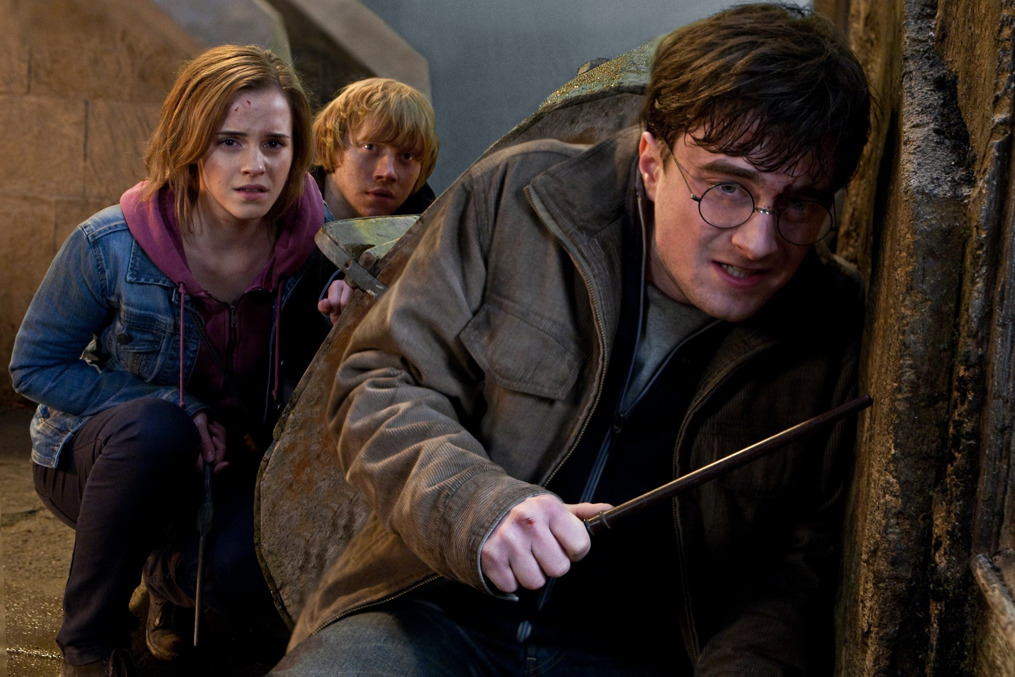 Harry Potter is crouching down in Deathly Hollows.