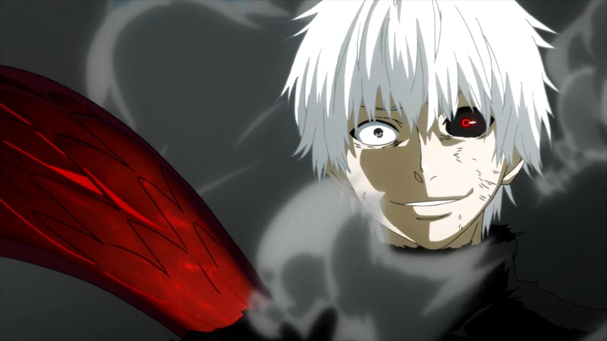 Ken Kaneki smiling in his ghoul form in 'Tokyo Ghoul.'