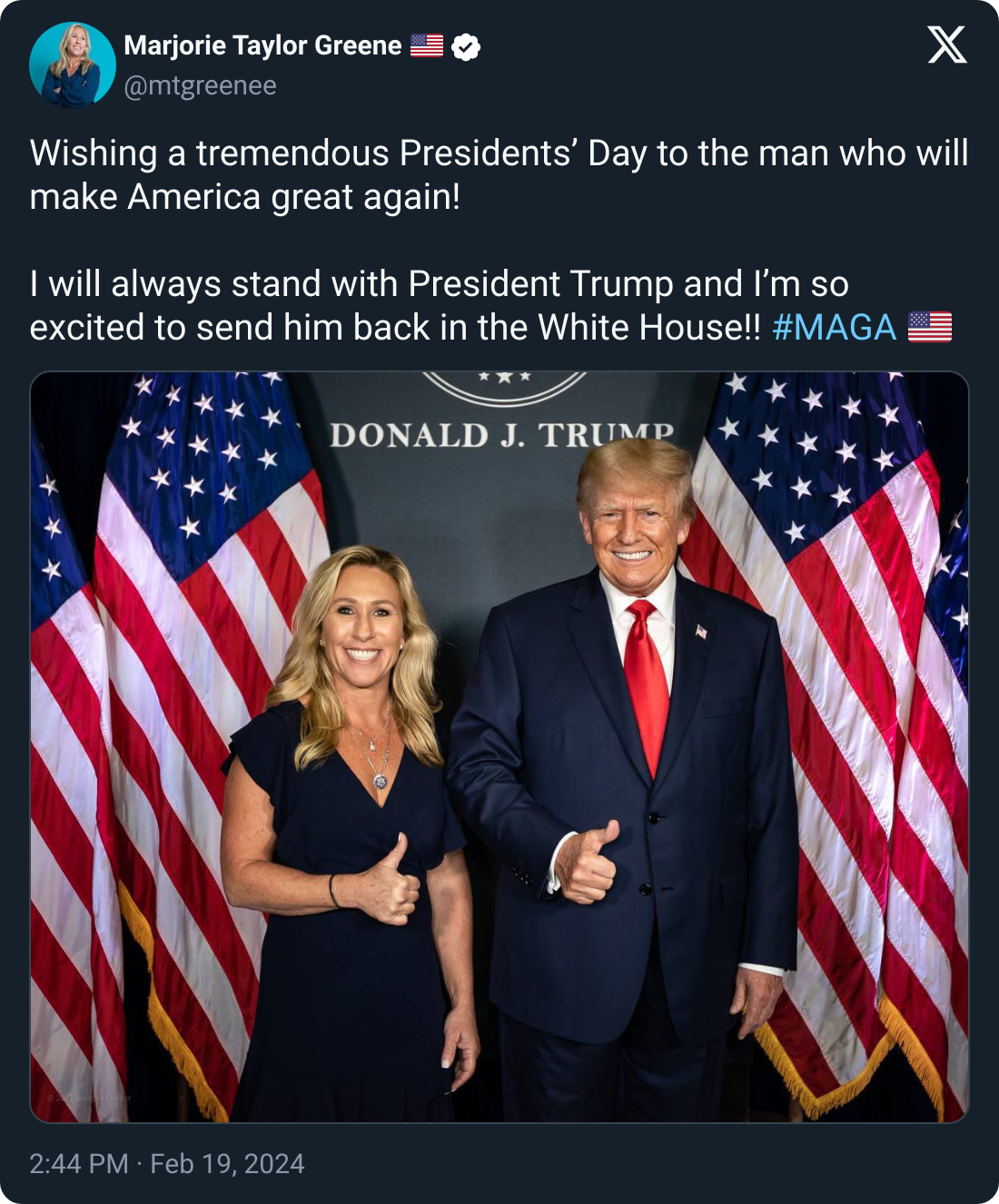 Majorie Taylor Greene wishes Donald Trump a happy President's Day on X