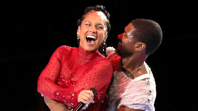 Usher and Alicia Keys performing together at the 2024 Super Bowl Halftime Show