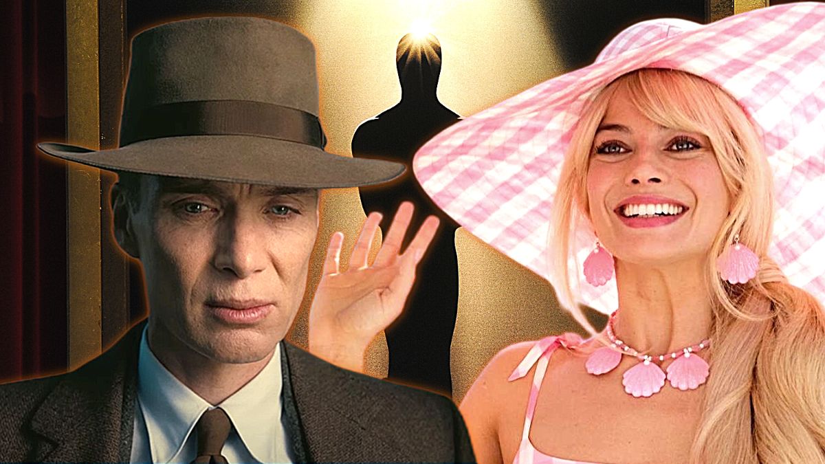 Photo montage of the Oscar statuette and 2023's biggest movies, 'Barbie' and 'Oppenheimer'.