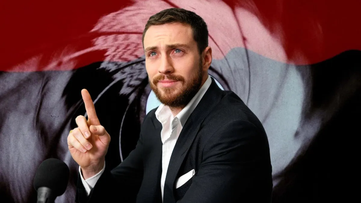 Aaron Taylor-Johnson visits The IMDb Show in 2019 overlaid on the James Bond gun barrel sequence from Dr. No