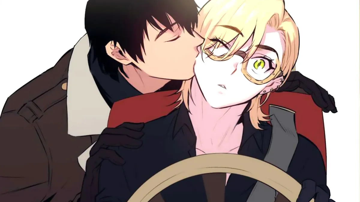 One kissing Shell's cheek in the BL manhwa Blood Bank