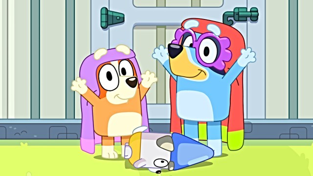 Bluey and Bingo dresses as Janet and Rita in 'Bluey' episode 152