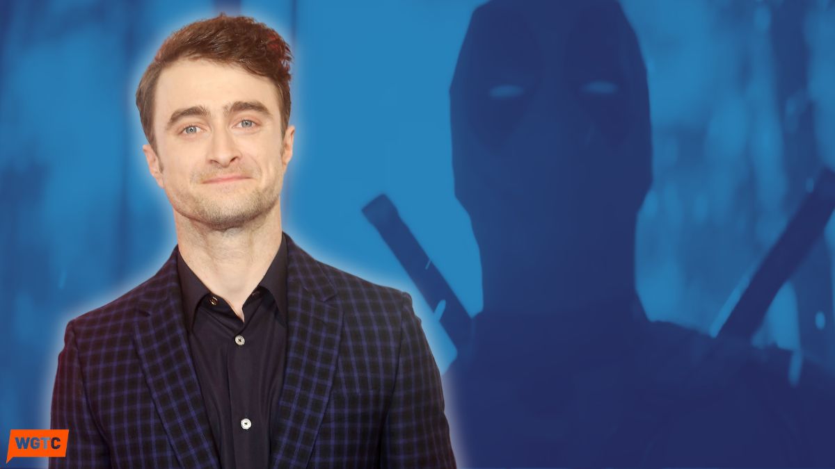 Daniel Radcliffe poses at the opening night of Stephen Sondheim's "Merrily We Roll Along" on Broadway at The Hudson Theater on October 8, 2023/Screenshot of Deadpool from the Deadpool & Wolverine trailer