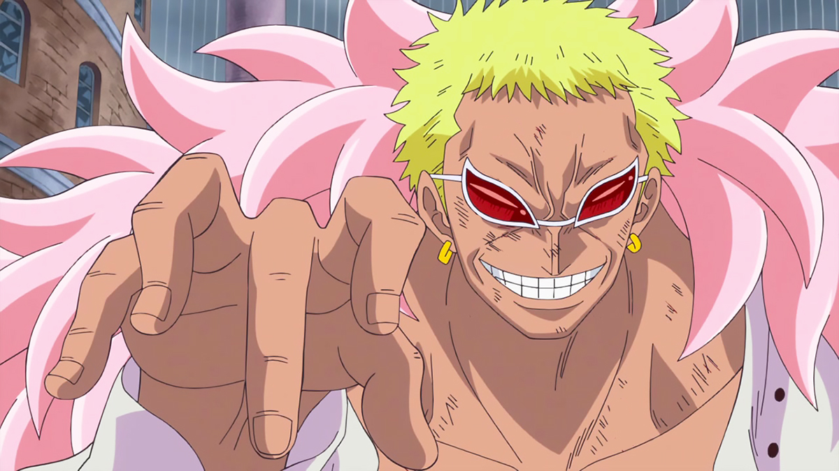 Donquixote Doflamingo using his hand motion to control his webs in the Dressrosa arc in One Piece