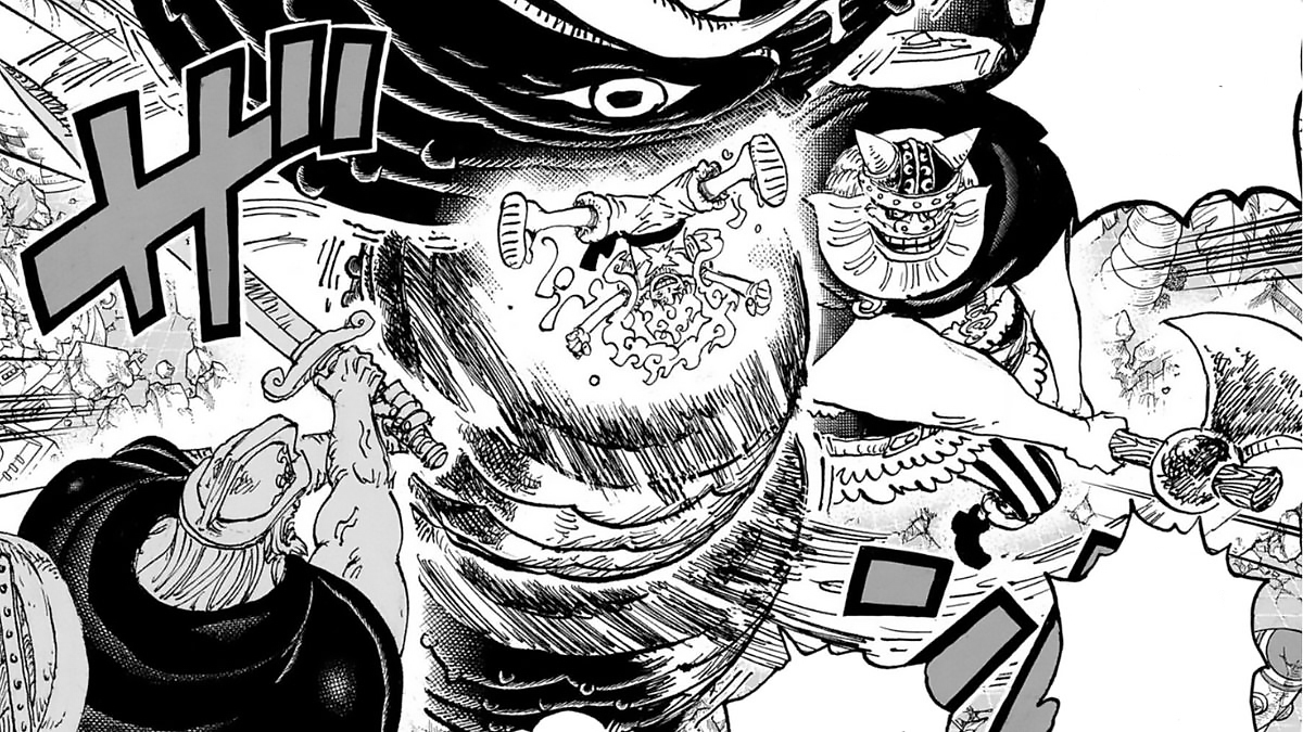 Luffy in Gear 5 mode, almost getting eaten by the Worm Yokai as Dorry and Brogy save him in the One Piece manga 