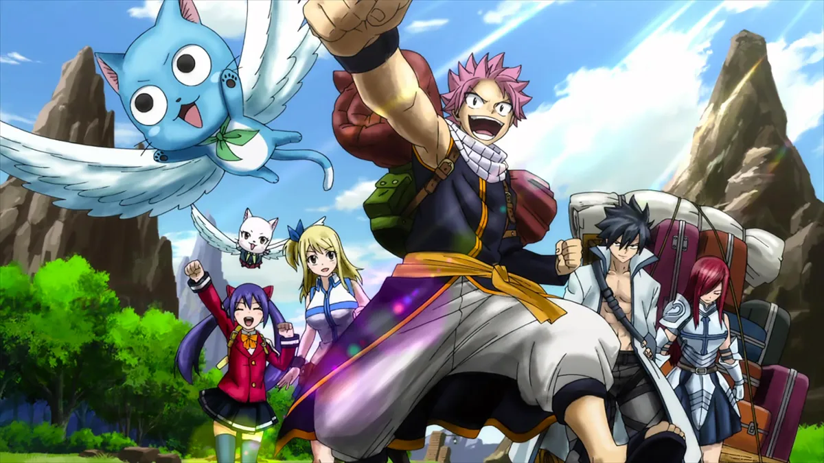All the characters in the opening of Fairy Tail: Final Series, smiling and celebrating