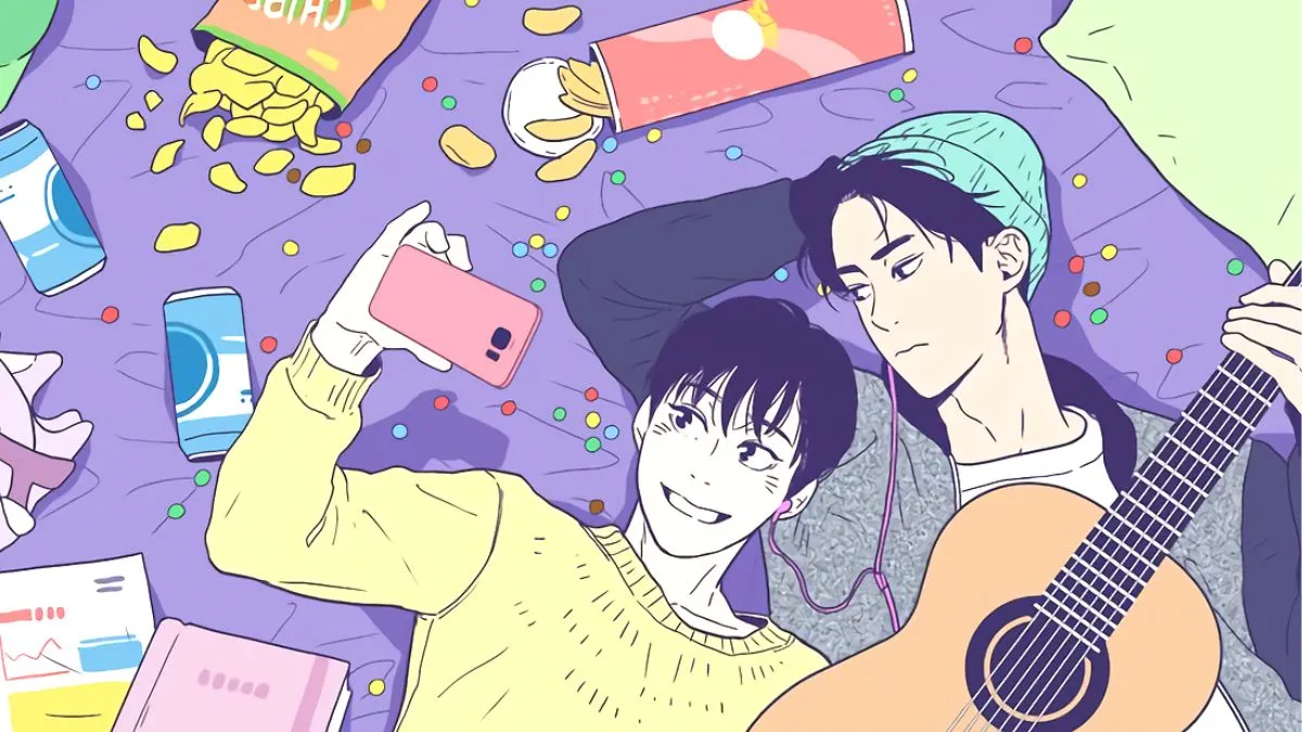 Eungi and Jeongwoo taking a selfie on the cover of the BL manhwa "Fools"