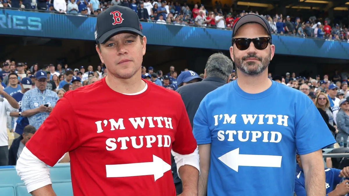 Matt Damon and Jimmy Kimmel attend The Los Angeles Dodgers Game - World Series - Boston Red Sox v Los Angeles Dodgers - Game Five at Dodger Stadium on October 28, 2018 in Los Angeles, California. (Photo by Jerritt Clark/Getty Images)