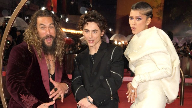 (L to R) Jason Momoa, Timothee Chalamet and Zendaya attend the UK Special Screening of "Dune" at the Odeon Luxe Leicester Square on October 18, 2021 in London, England