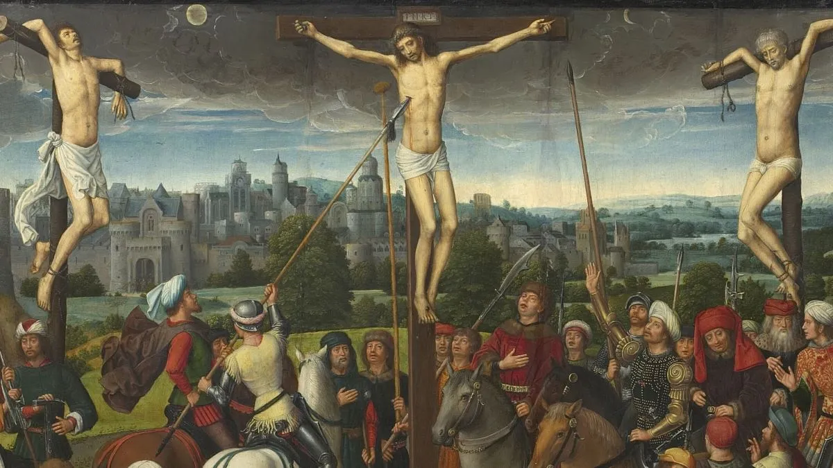 Calvary Triptych, central panel, 1480s. Found in the collection of Szepmuveszeti Muzeum, Budapest. Artist Memling, Hans, (workshop of) . (Photo by Fine Art Images/Heritage Images via Getty Images).