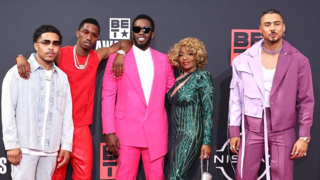 (L-R) Justin Dior Combs, Christian Combs, Sean "Diddy" Combs, Janice Combs, and Quincy Brown attend the 2022 BET Awards at Microsoft Theater on June 26, 2022 in Los Angeles, California. (Photo by Amy Sussman/Getty Images,)