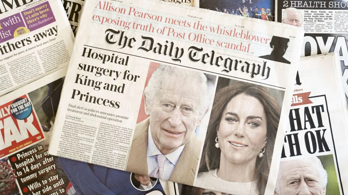 A selection of front pages from UK daily national newspaper coverage of of King Charles and Catherine, The Princess of Wales being admitted to hospital on January 18, 2024 in London, England. Catherine, The Princess of Wales, was admitted to The London Clinic for abdominal surgery yesterday. The surgery was successful and she will recover in the hospital for the next 10-14 days and is not expected to resume formal engagements until after Easter. (Photo by Ming Yeung/Getty Images)