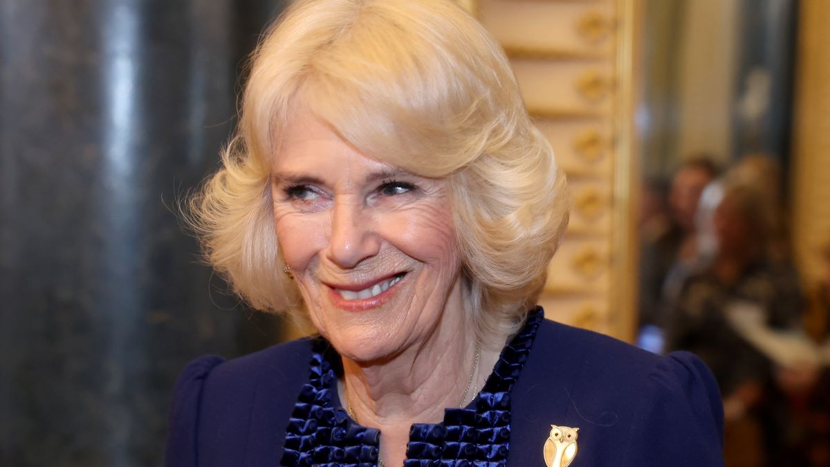 Queen Camilla smiles during a reception for the BBC's 500 Words Finalists at Buckingham Palace on February 28, 2024 in London, England. (Photo by Chris Jackson - Pool/Getty Images)