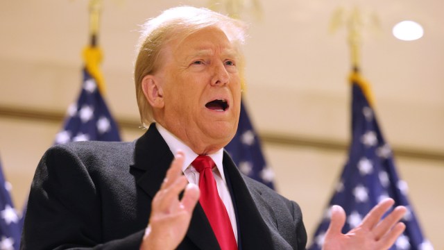 Former President Donald Trump speaks during a press conference at 40 Wall Street after a pre-trial hearing on March 25, 2024 in New York City. Judge Juan Merchan scheduled Trump's criminal trial to begin on April 15, which would make it the first criminal prosecution of a former American president. Trump was charged with 34 counts of falsifying business records last year, which prosecutors say was an effort to hide a potential sex scandal, both before and after the 2016 election.