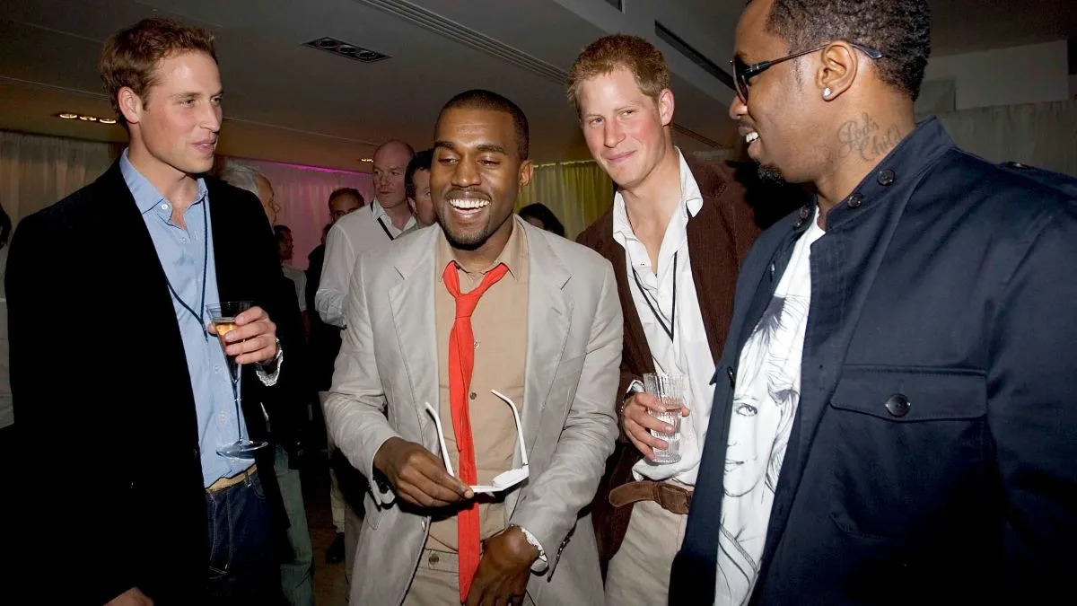 Prince William and Prince Harry meet P Diddy and Kanye West at the after-concert party the Princes hosted to thank all who took part in the "Concert for Diana" at Wembley Stadium, which the Princes organized to celebrate the life of their mother, Diana, Princess of Wales. Meeting celebrities (Photo by © Pool Photograph/Corbis/Corbis via Getty Images)
