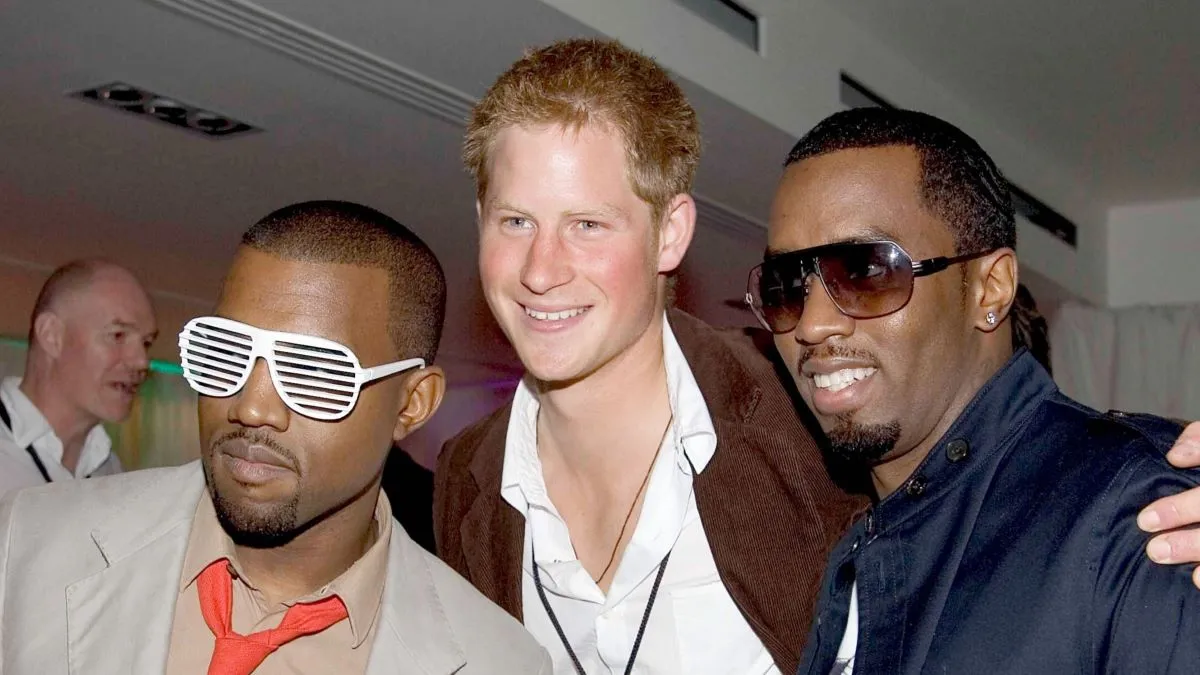 Prince William and Prince Harry meet P Diddy and Kanye West at the after-concert party the Princes hosted to thank all who took part in the "Concert for Diana" at Wembley Stadium, which the Princes organized to celebrate the life of their mother, Diana, Princess of Wales. Meeting celebrities (Photo by © Pool Photograph/Corbis/Corbis via Getty Images)