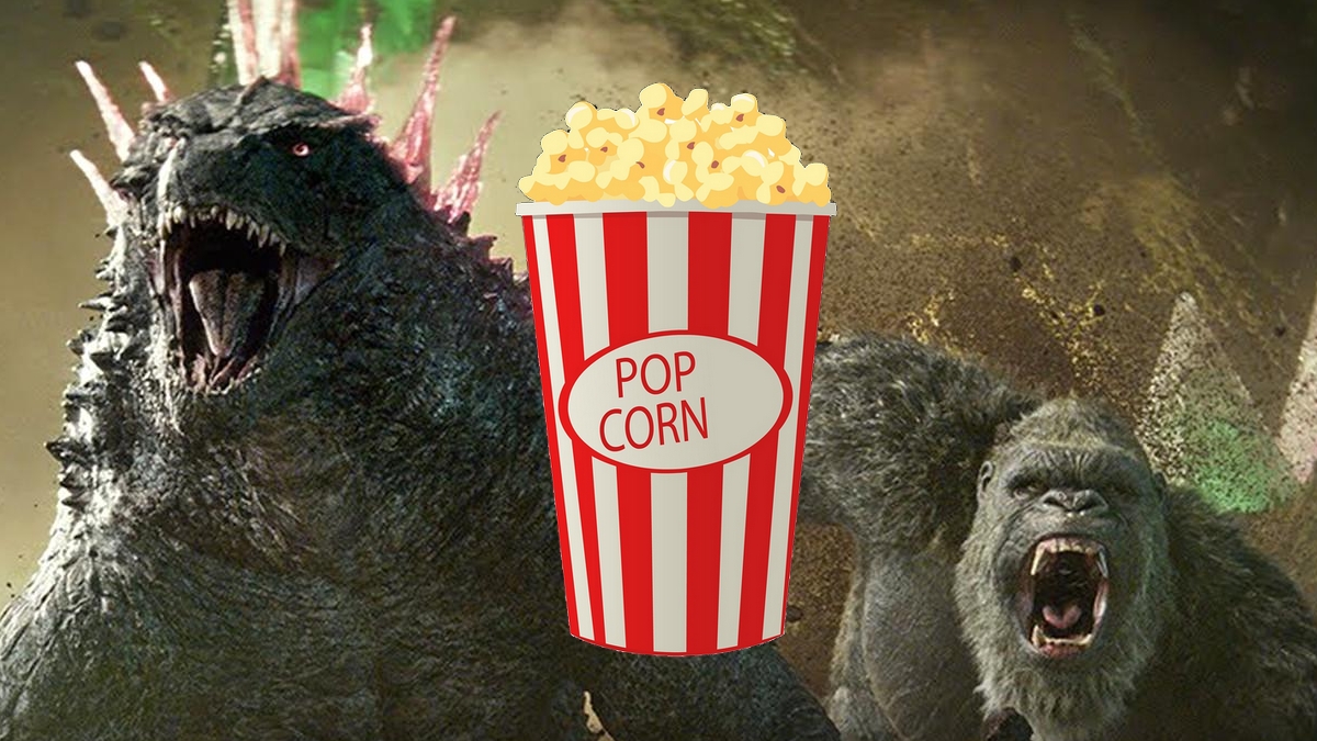 Godzilla and King Kong as show in Popcorn Bucket for Godzilla X Kong: The New Empire running towards a popcorn bucket