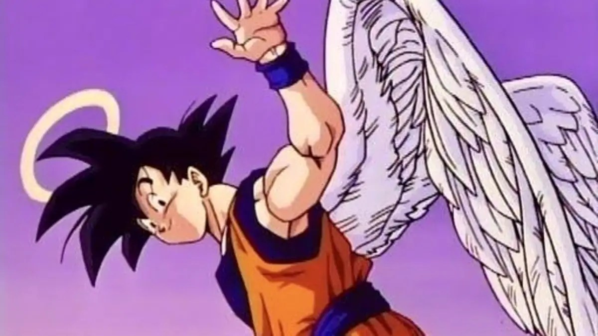 Goku in an episode of Akira Toriyama’s ‘Dragon Ball Z’ with a halo and Angel wings