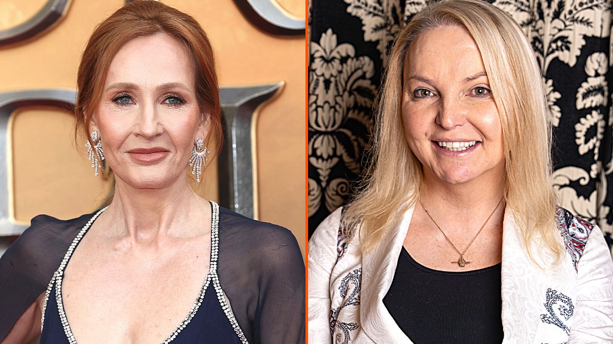 Photo montage of J.K. Rowling at the "Fantastic Beasts: The Secrets of Dumbledore" World Premiere in 2022 and India Willoughby during her visit to The Cambridge Union in 2023.