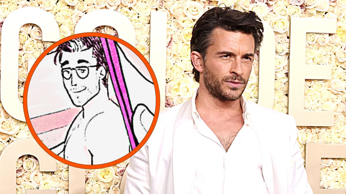 Jonathan Bailey attends the 81st Annual Golden Globe Awards at The Beverly Hilton on January 07, 2024 in Beverly Hills, California. // Screencap of Henry Maddox from the 2021 'Heartstopper' mini-comic 'The Ethics of Infatuation Dynamics' by Lauren James and Alice Oseman.