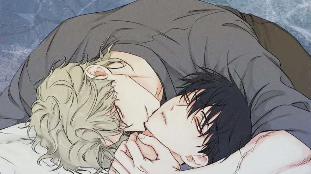 Kim Euihyun lying down being held by the neck by Taeju in the BL manhwa Low Tide in Twilight