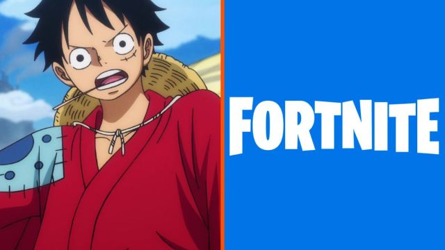 Luffy from One Piece opening his mouth, and an image of the Fortnite logo