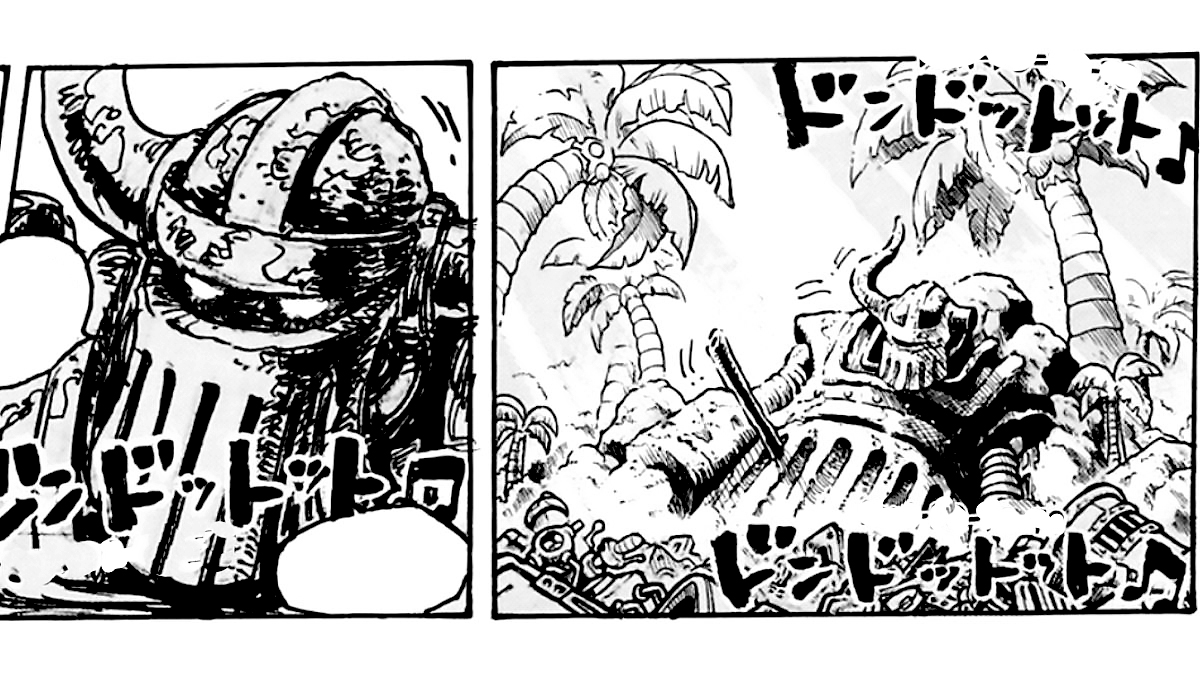 The mysterious golem in Egghead appearing to wake up to the sound of Luffy's heart, in the One Piece chapter 1106 manga