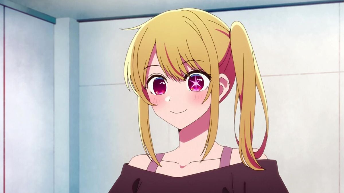 Ruby smiling while blushing with her hair up in Episode 2 of Oshi no Ko