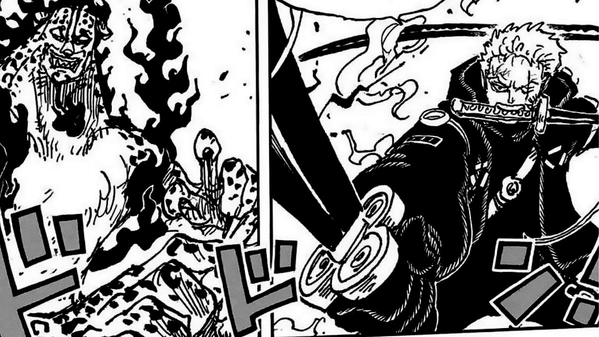 Rob Lucci and Zoro mid-fight in the Egghead arc in the One Piece manga