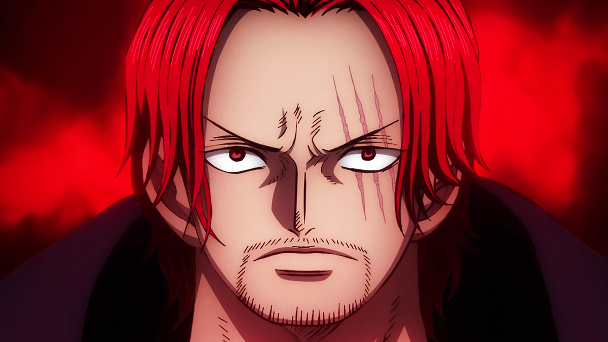 Shanks frowining while looking angry, with a red background in One Piece