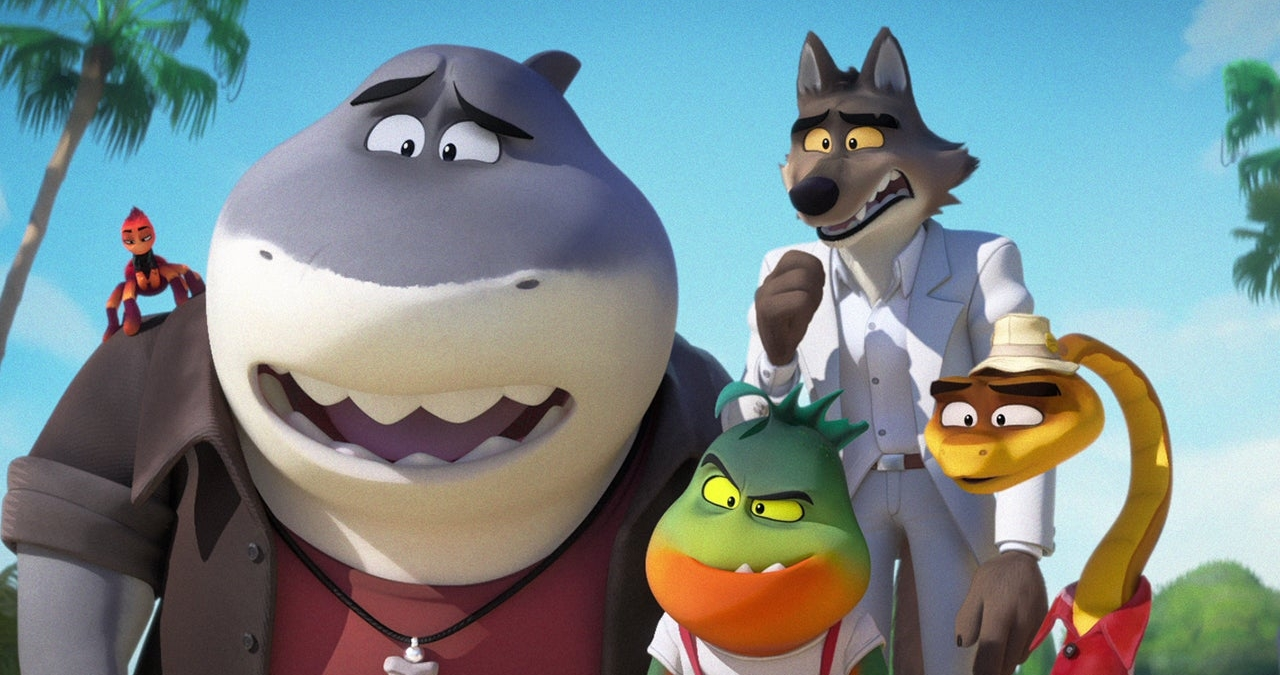 Image form the DreamWorks movie The Bad Guys, showing the whole gang concerned and confused
