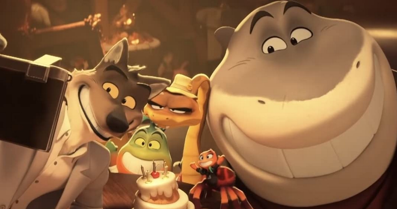 Image form the DreamWorks movie The Bad Guys, showing the whole gang taking a birthday picture