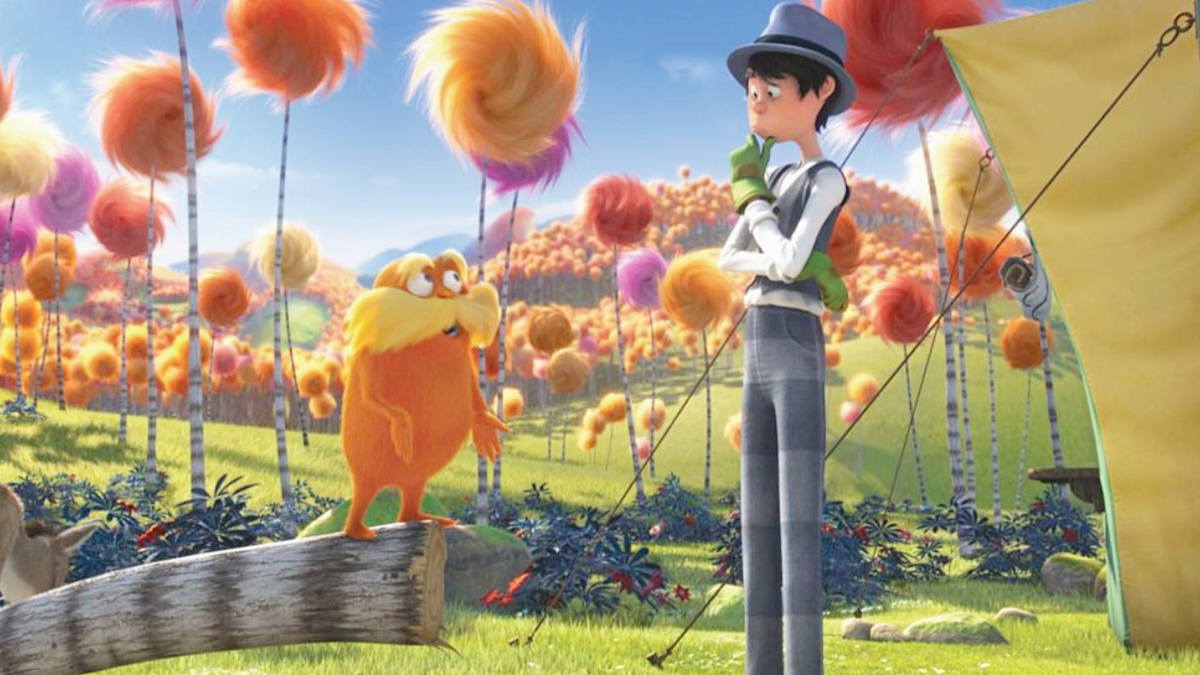 The Lorax and the Once-ler engage in a staring contest