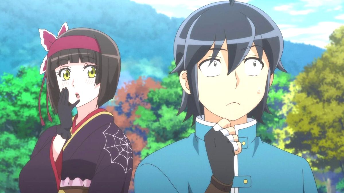 Makoto looking pensive with Mio behind him blushing in Tsukimichi: Moonlit Fantasy